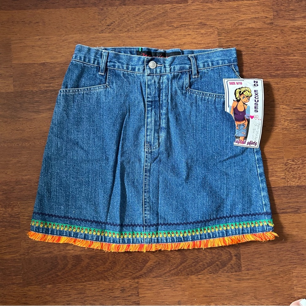 No Excuses 90’s Denim Skirt with Boho Colorful Fringe Deadstock NWT